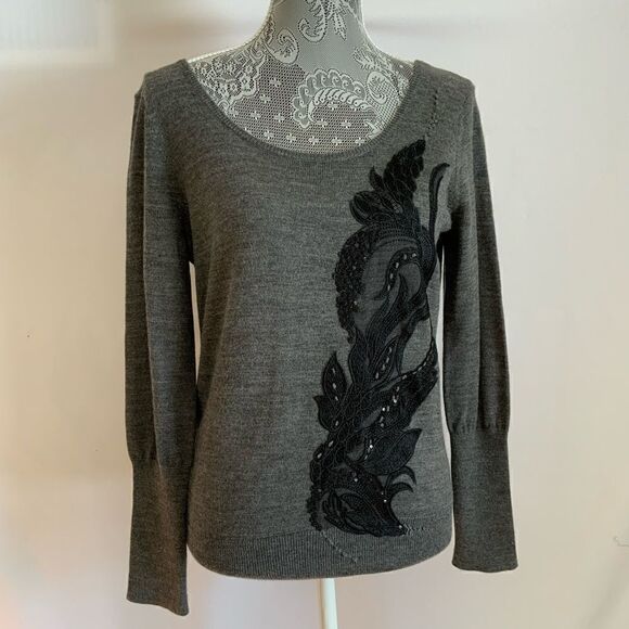 Anthropologie Med PETITE Angel of the North Charcoal & Black Embroidered Sweater - Picture 2 of 11